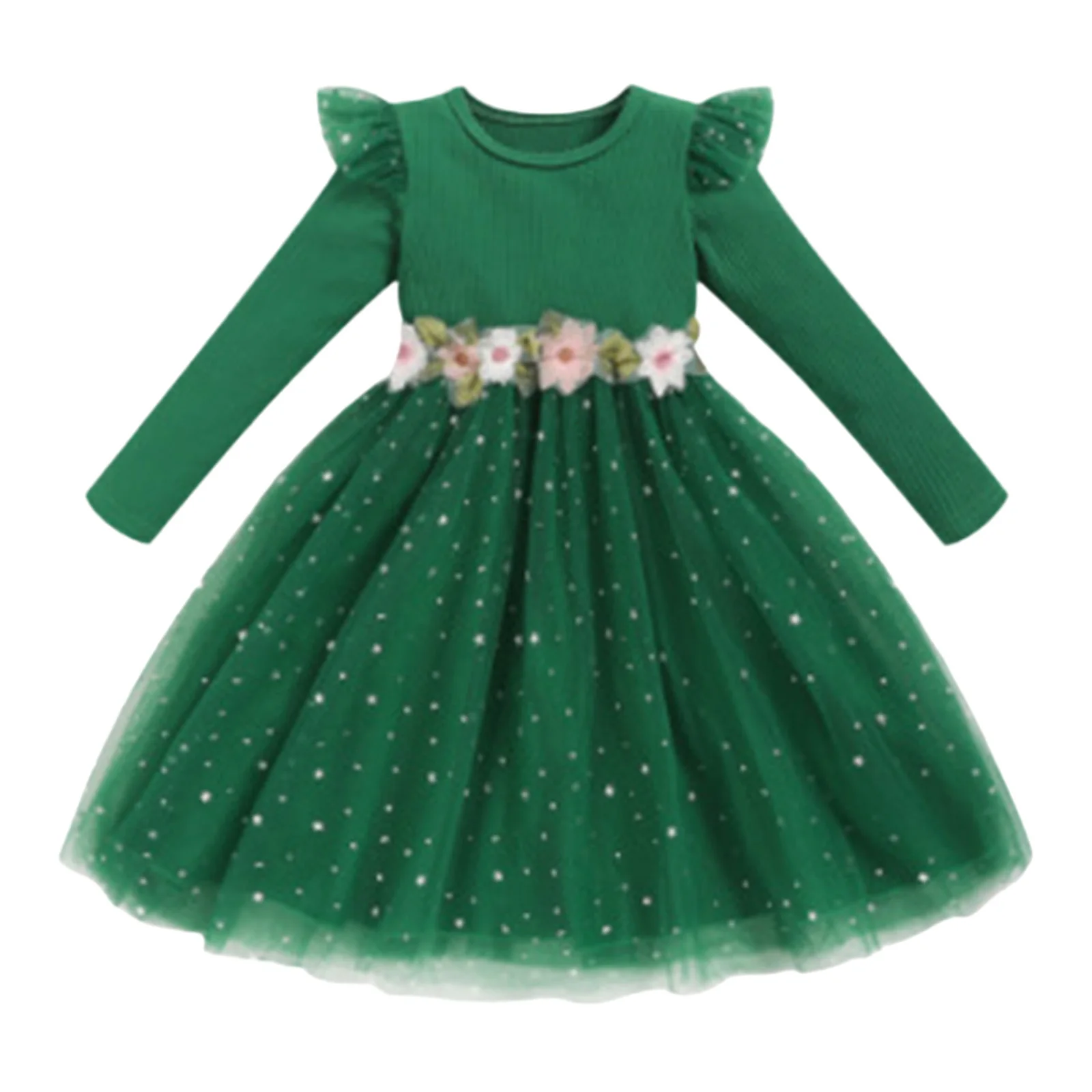 Vestido de tul floral con manga larga acanalada para niña - imagen 3