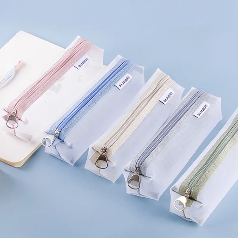 Estuche escolar transparente de malla para bolígrafos con cremallera