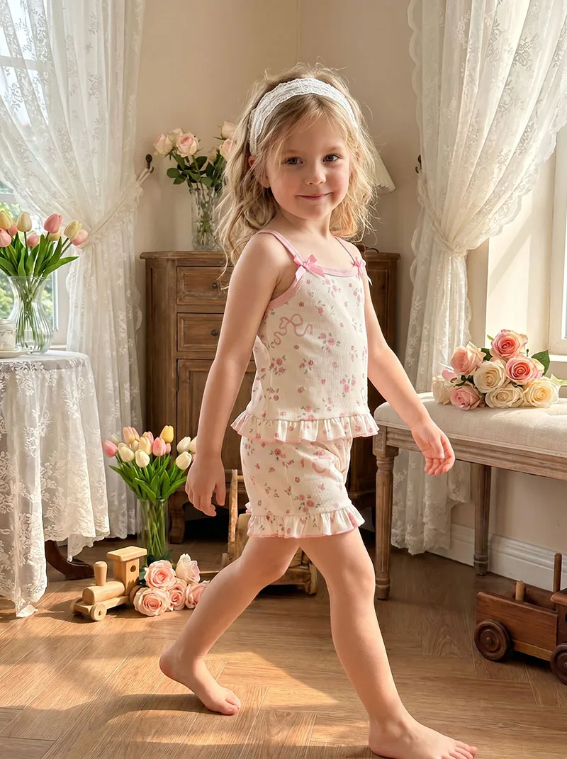 Conjunto de verano para niña con camiseta floral y pantalón corto - imagen 2