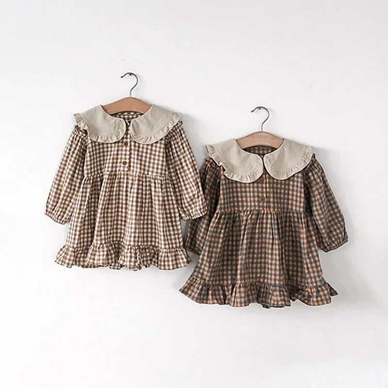 Vestido de lino a cuadros manga larga para niña primavera otoño