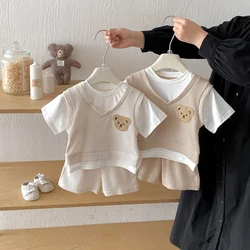 Conjunto de verano punto waffle unisex para bebé con oso deportivo