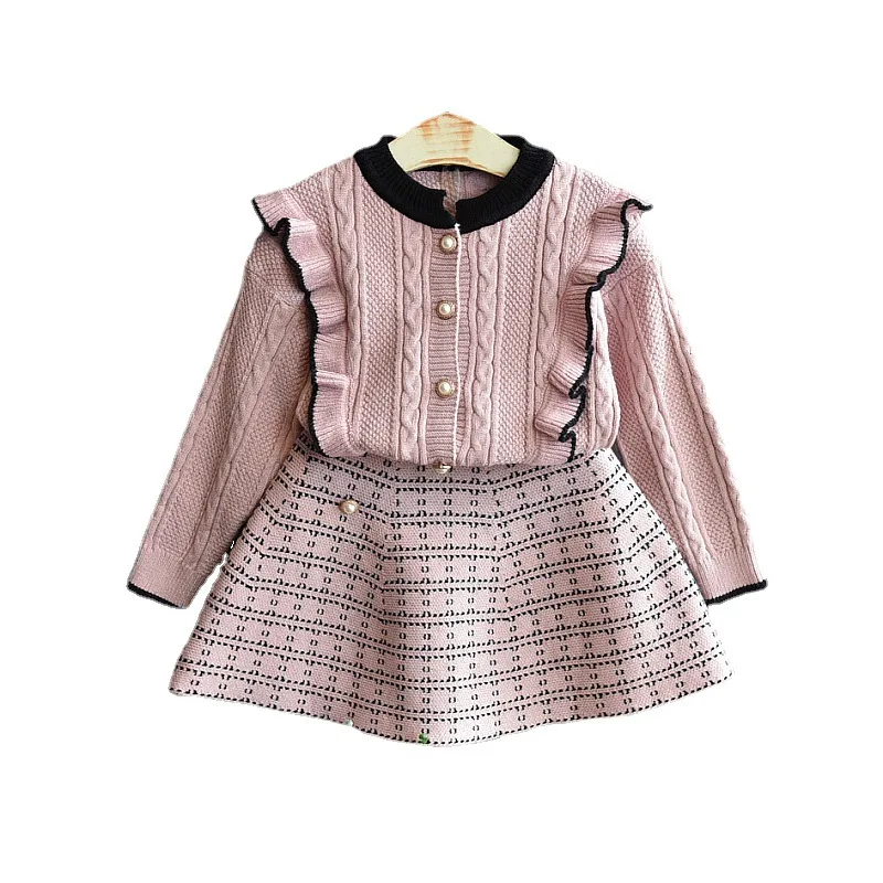 Conjunto completo de punto azul suéter y falda