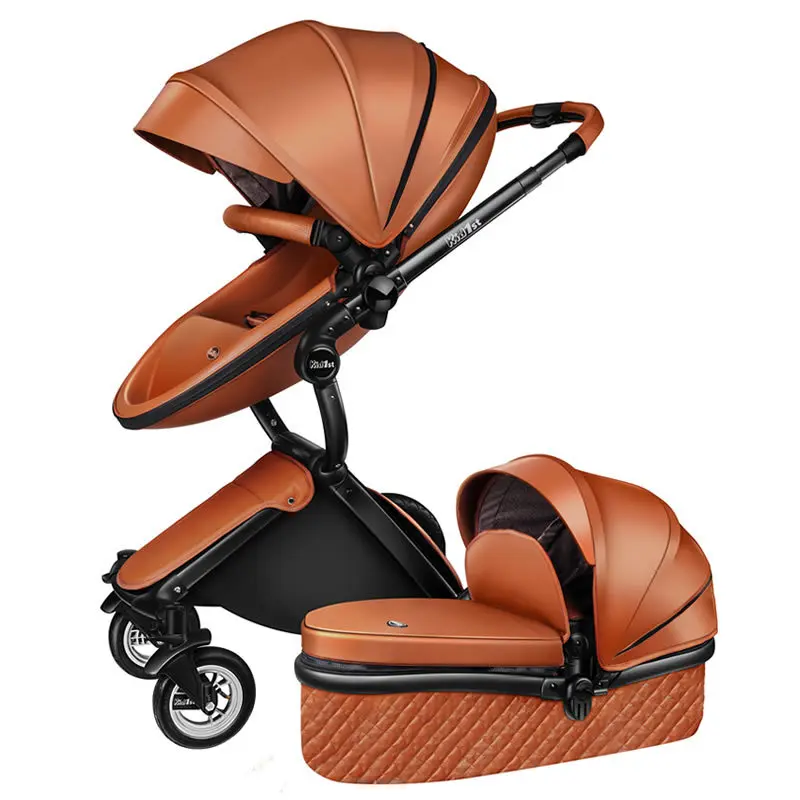 Cochecito convertible cuero PU lujo para recién nacido capota amplia - imagen 3