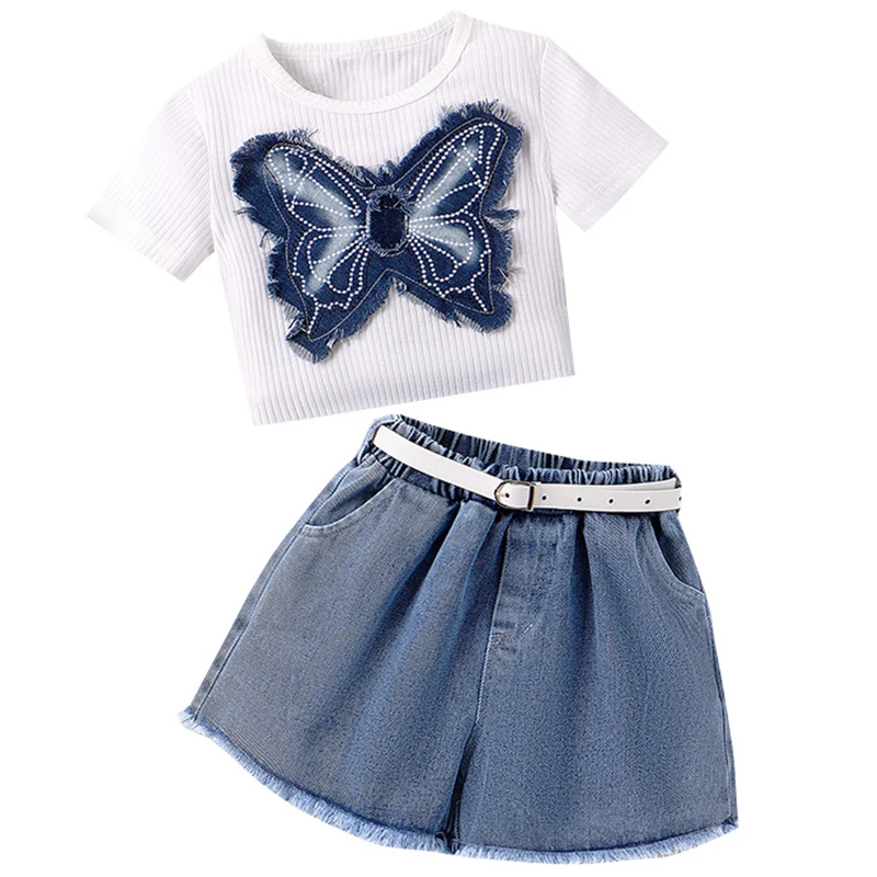 Conjunto Boutique niña – Top algodón con mariposas y shorts denim
