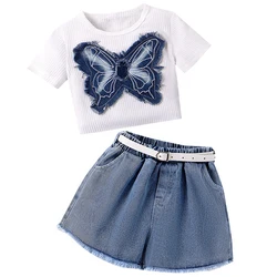 Conjunto Boutique niña – Top algodón con mariposas y shorts denim
