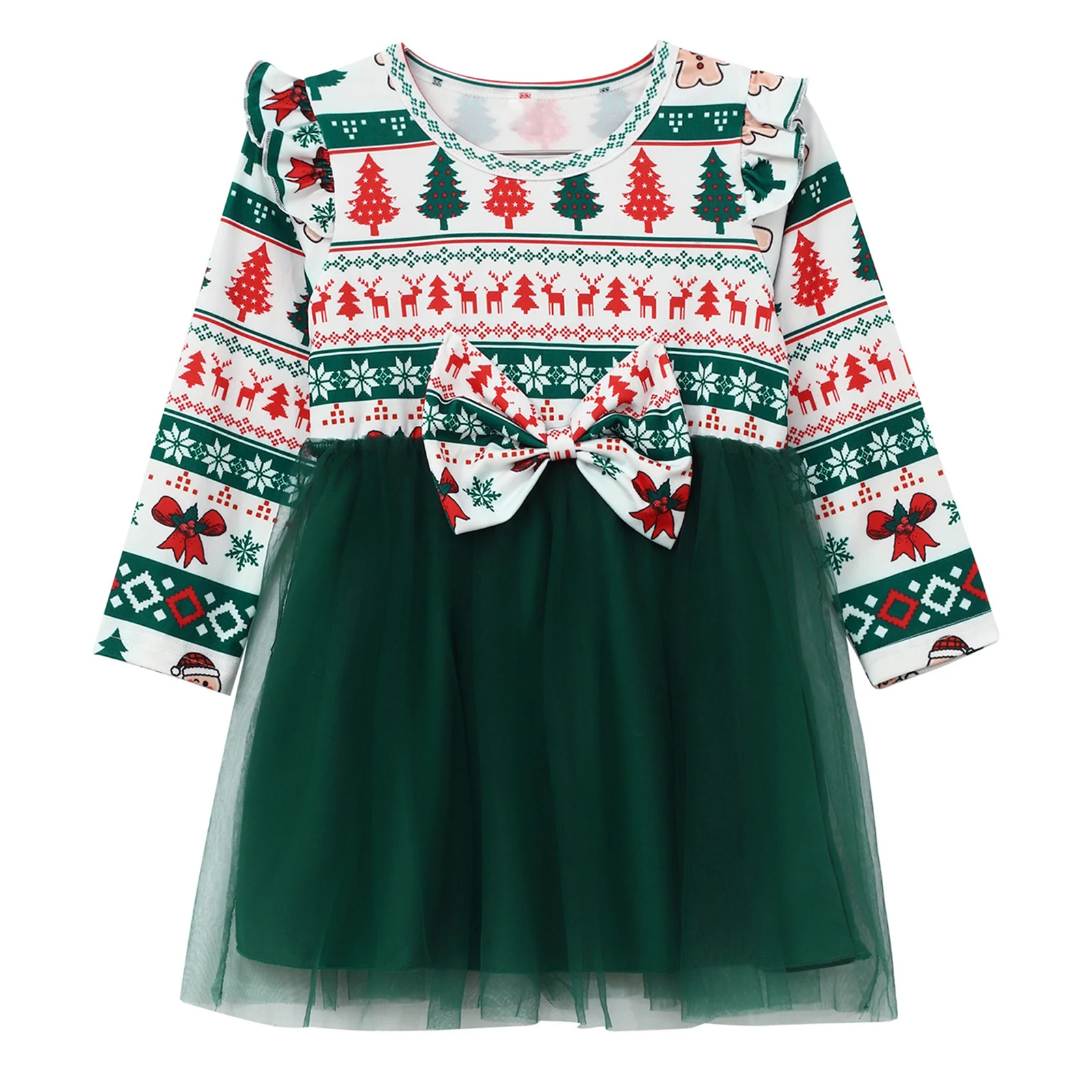 Vestido de niña de Navidad de manga larga con lazo estampado