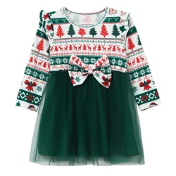 Vestido de niña de Navidad de manga larga con lazo estampado