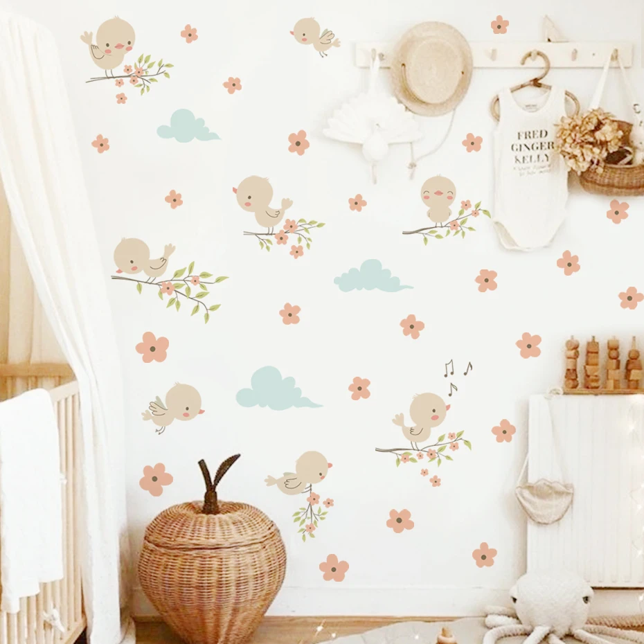Pegatinas de pared florales con pájaros estilo acuarela infantil - imagen 2