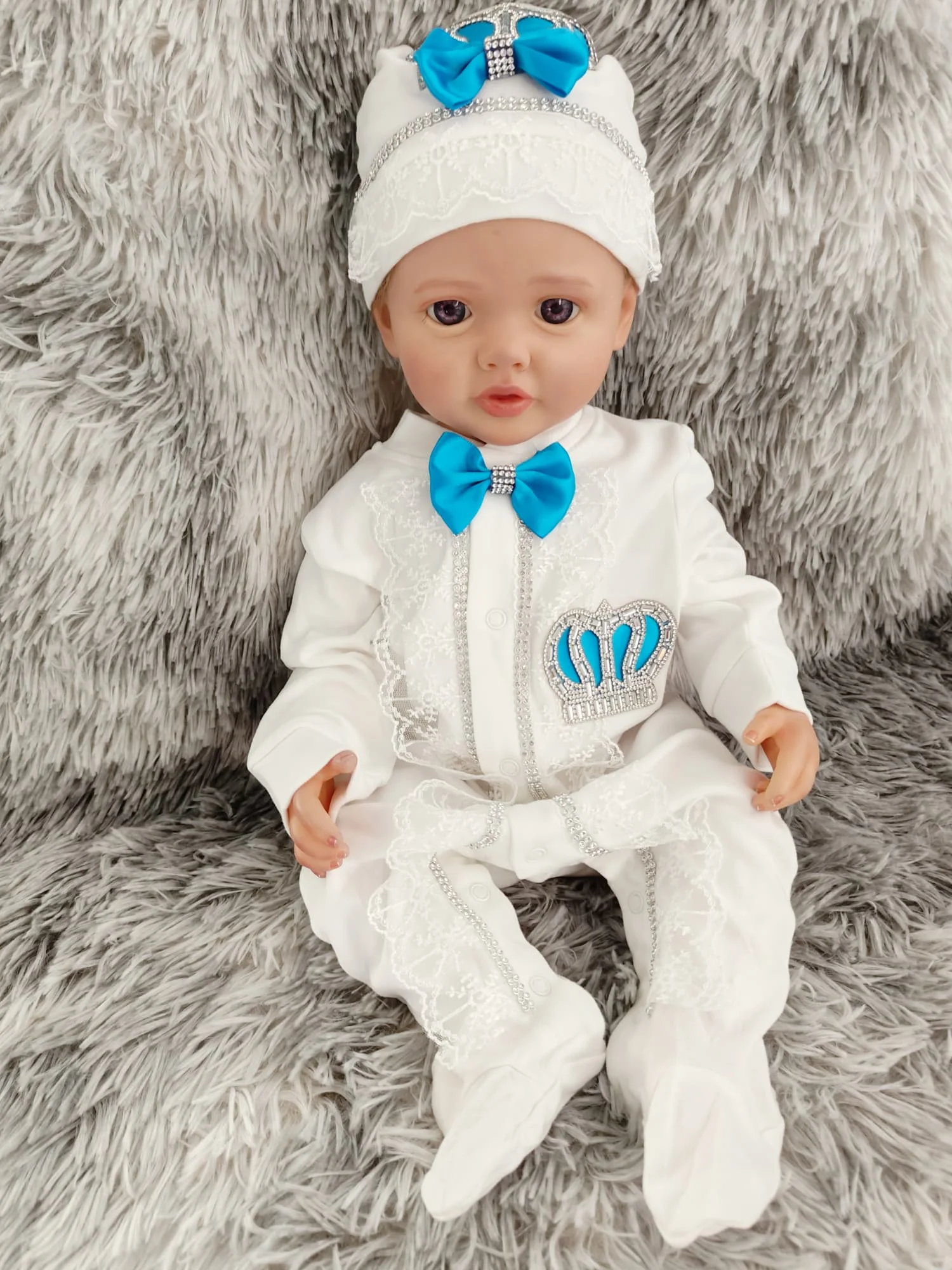 Traje de bautizo para bebé con encaje, gorro y manoplas unisex - imagen 2
