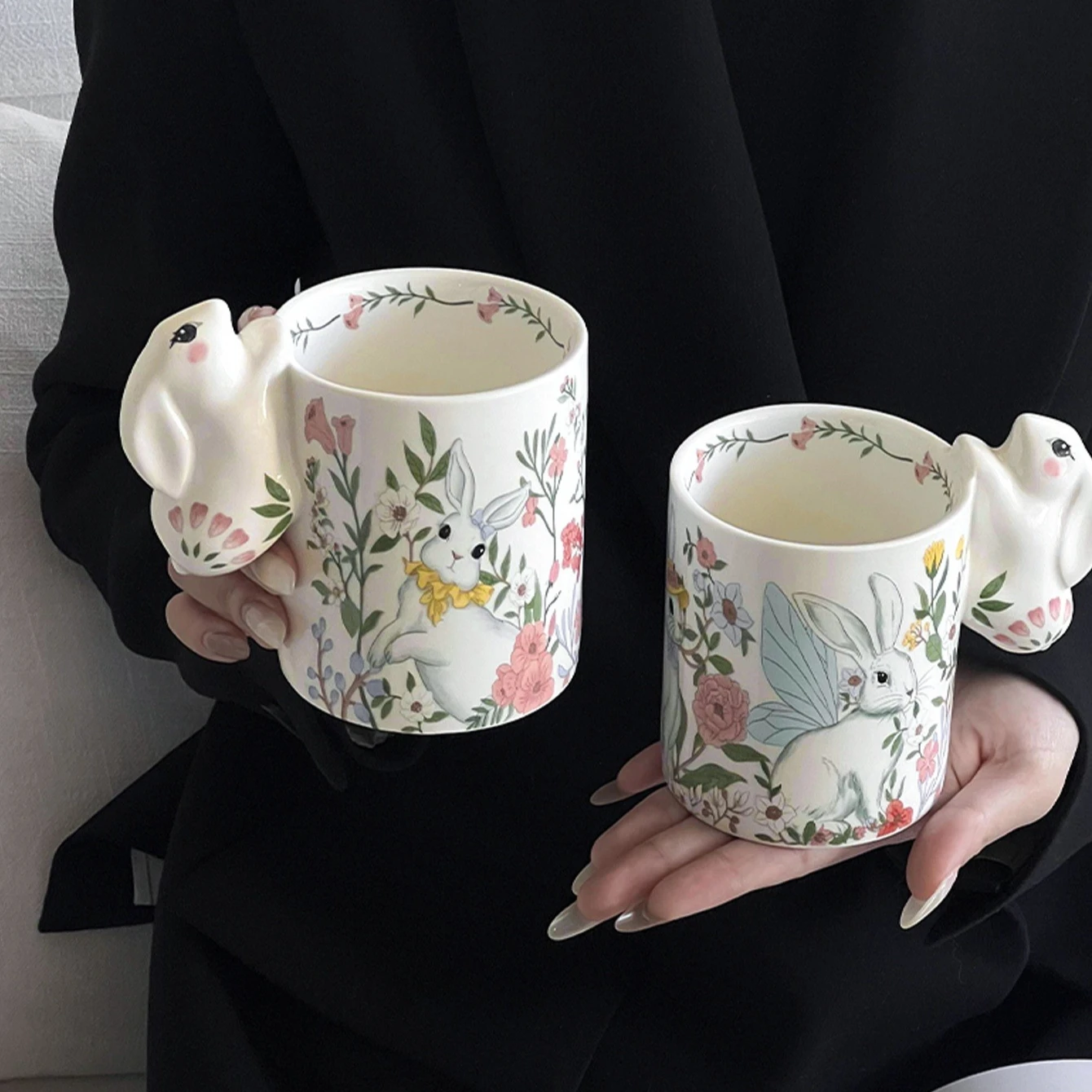 Taza cerámica con conejito de Pascua y flores primaverales tiernas - imagen 5