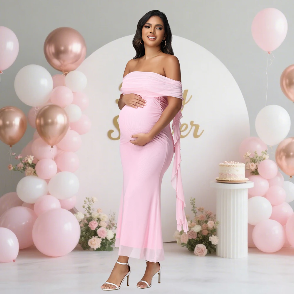 Vestido maternidad largo malla con hombros descubiertos y volantes - imagen 5