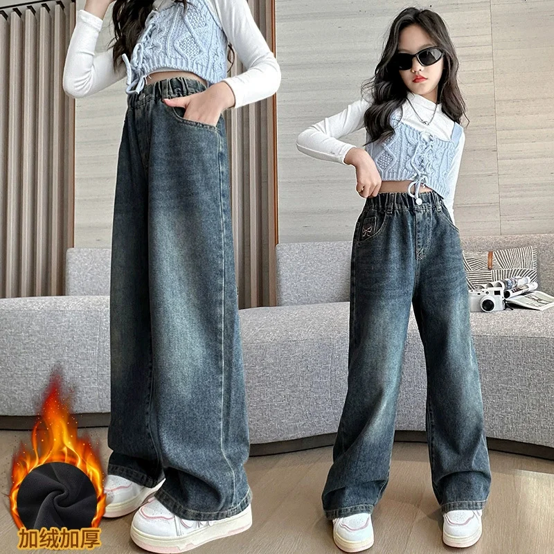 Vaqueros acolchados de invierno cálidos para niñas, pierna ancha - imagen 3
