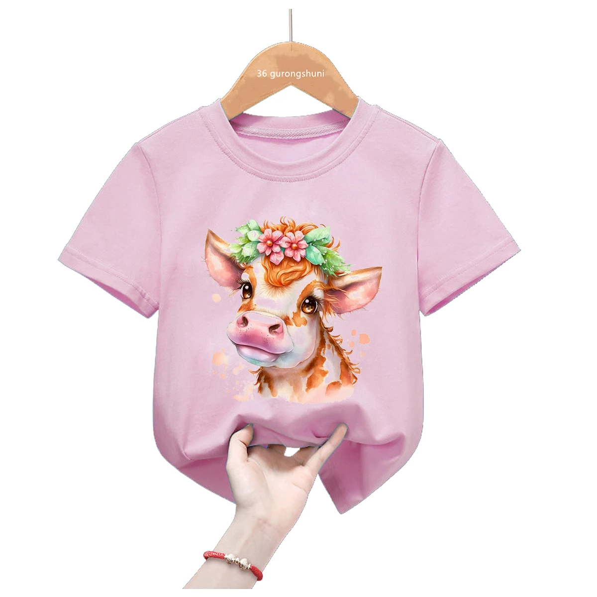 Camiseta de niñas rosa con estampado de ciervos y flores de verano - imagen 3
