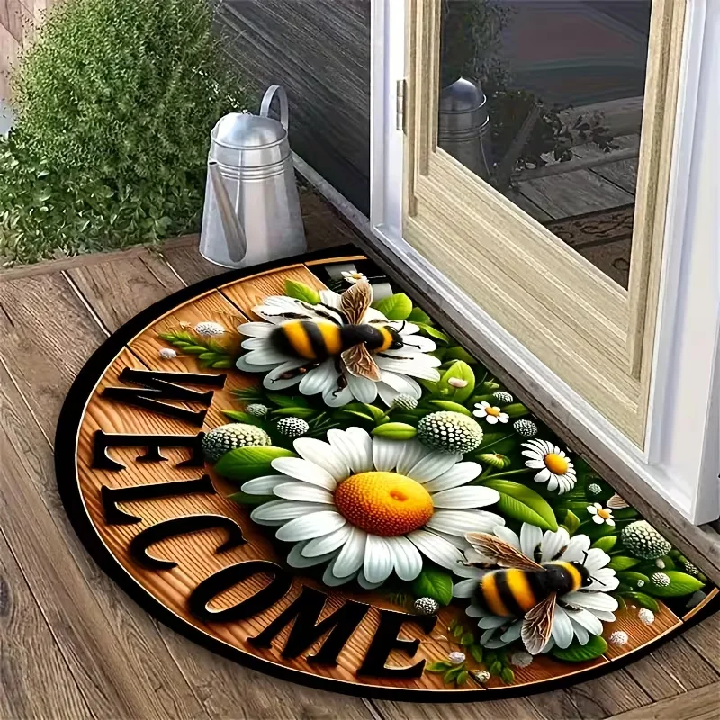 Tapete decorativo media luna con patrón de margaritas y abejas