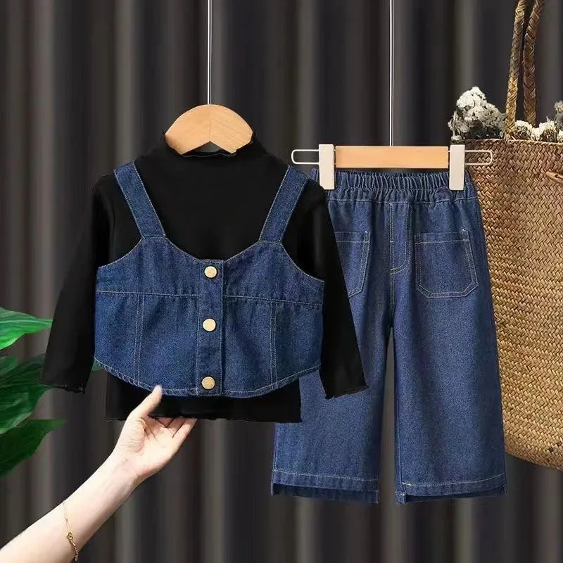 Conjunto vaquero de tirantes con sudadera para niña, primavera otoño
