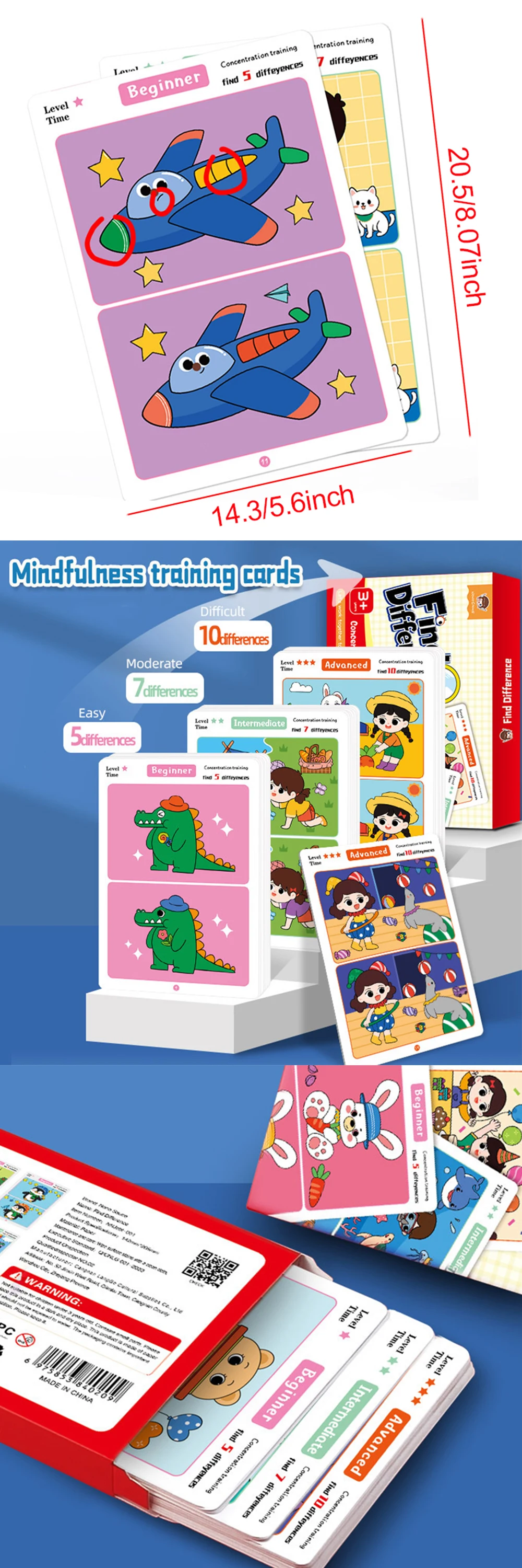 Tarjetas de juego encuentra la diferencia con tres niveles de dificultad