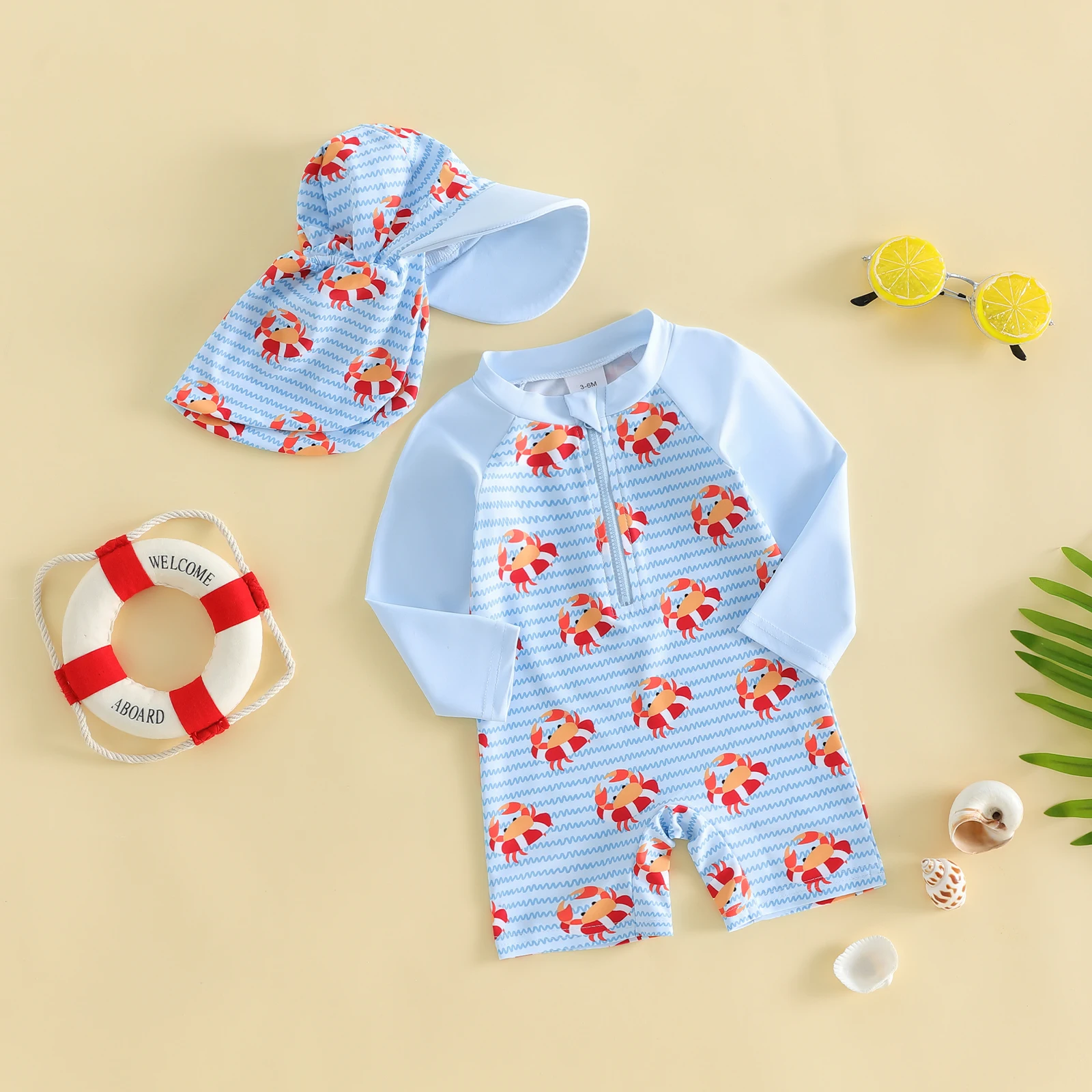 Traje de baño manga larga con estampado cangrejo y gorro - imagen 2