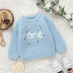 Suéter de punto cuello redondo azul para niña – Otoño Invierno