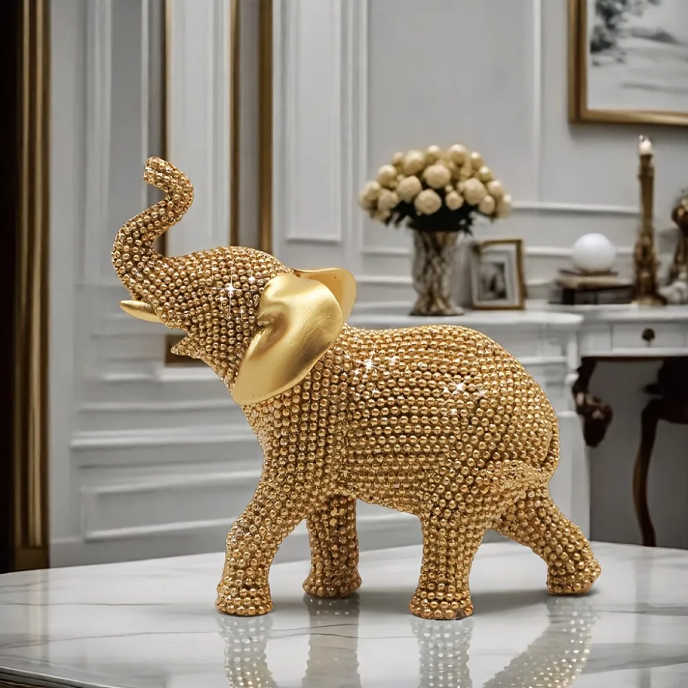 Estatuilla decorativa elefante dorado con cuentas, buena suerte