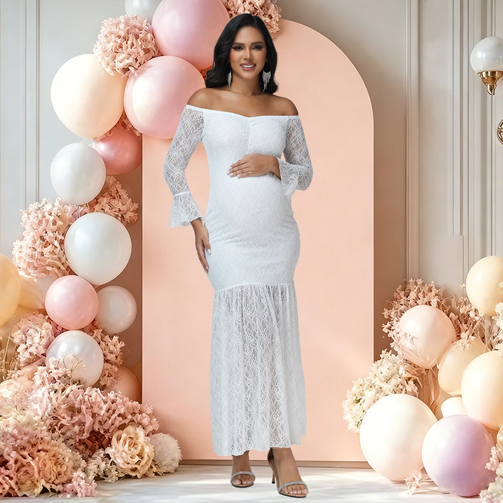 Vestido de maternidad elegante con hombros descubiertos y volantes - imagen 2