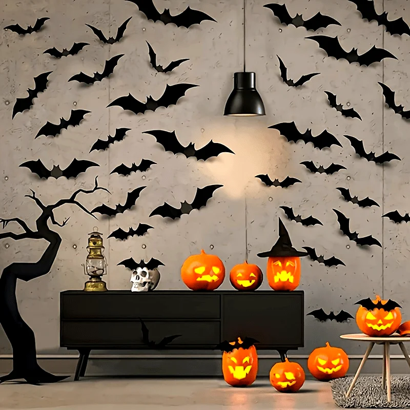 Decoración murciélagos Halloween 3D PVC negros adhesivos para pared