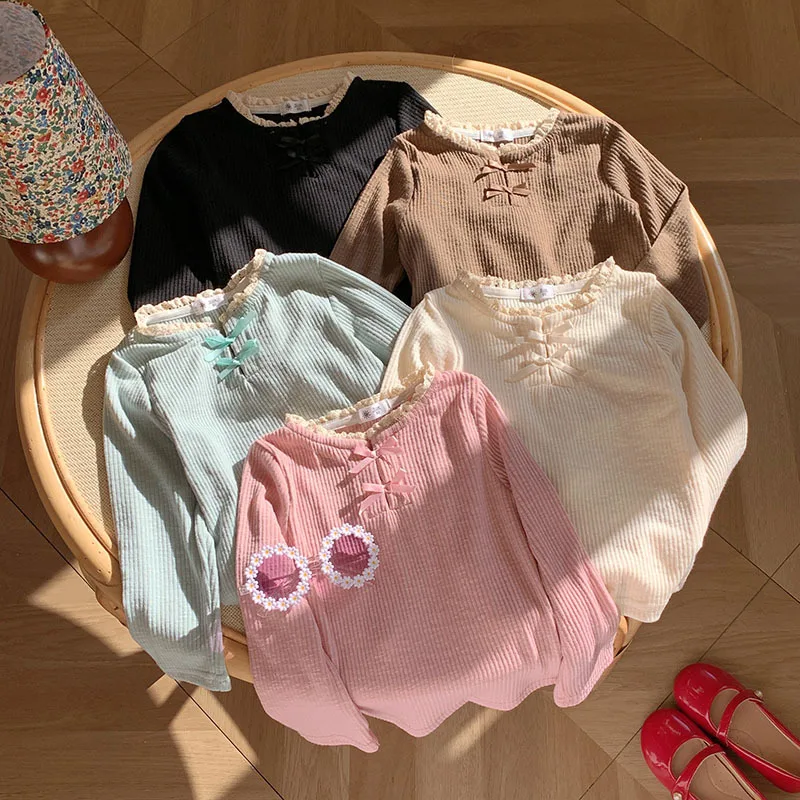 Camiseta de manga larga para niñas con lazo y estilo otoñal - imagen 2