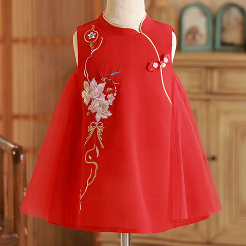 Vestido de verano para niñas sin mangas con bordado floral