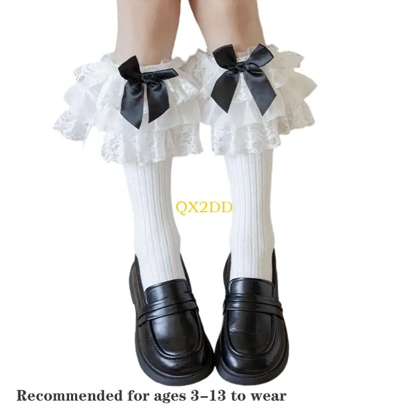 QX2D Calcetines de vestir algodón con encaje y lazo para otoño