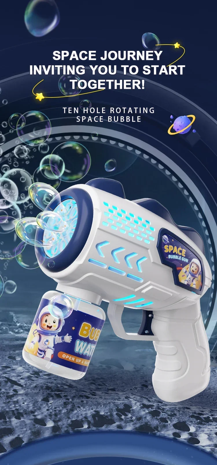 Pistola de burbujas automática con temática espacial