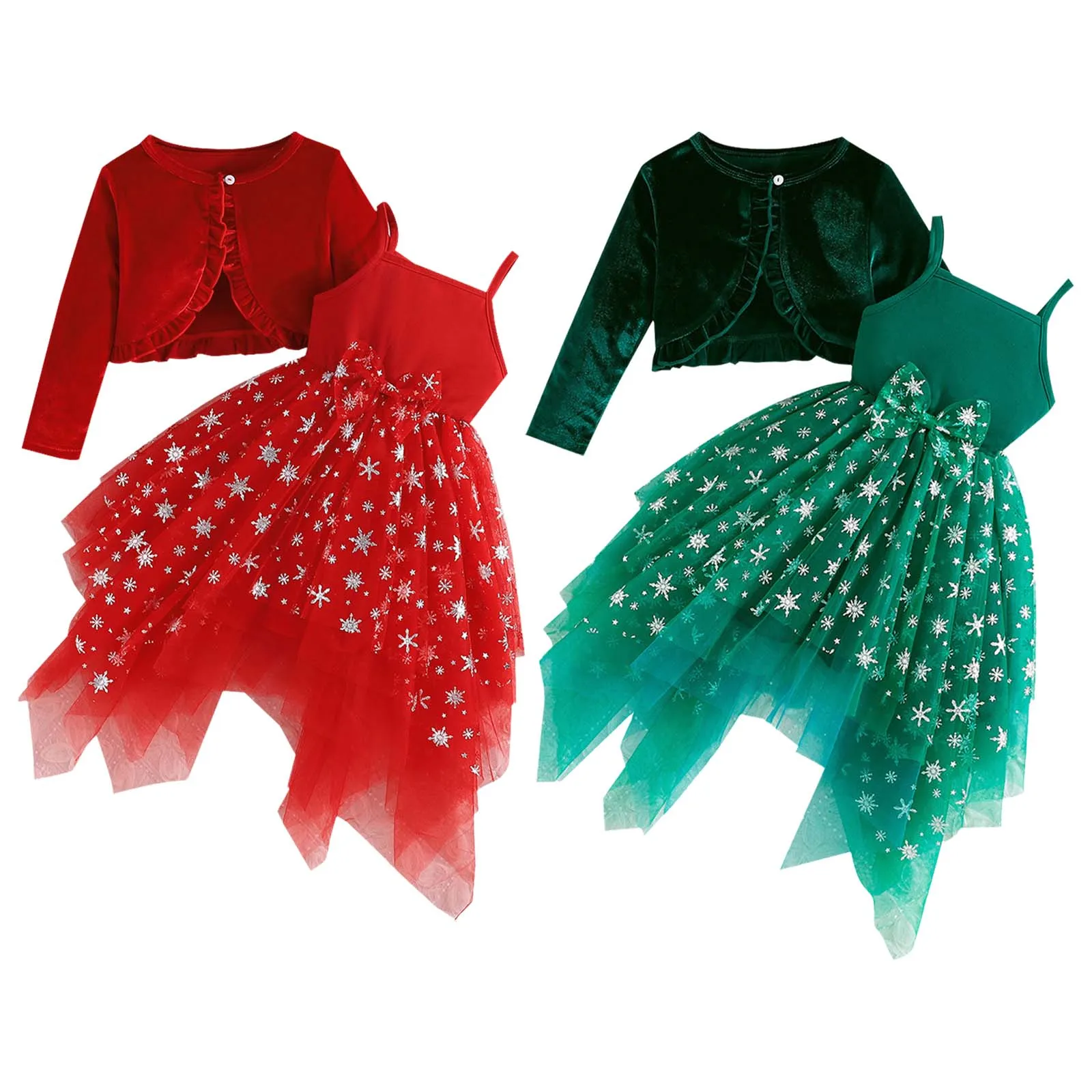 Niña con vestido de tul y tirantes con diseño navideño