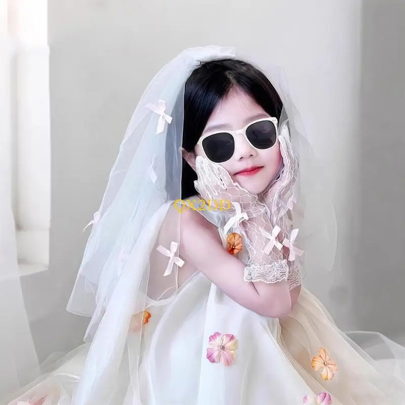 Conjunto de tocado y guantes con lazo rosa y velo para niña - imagen 5