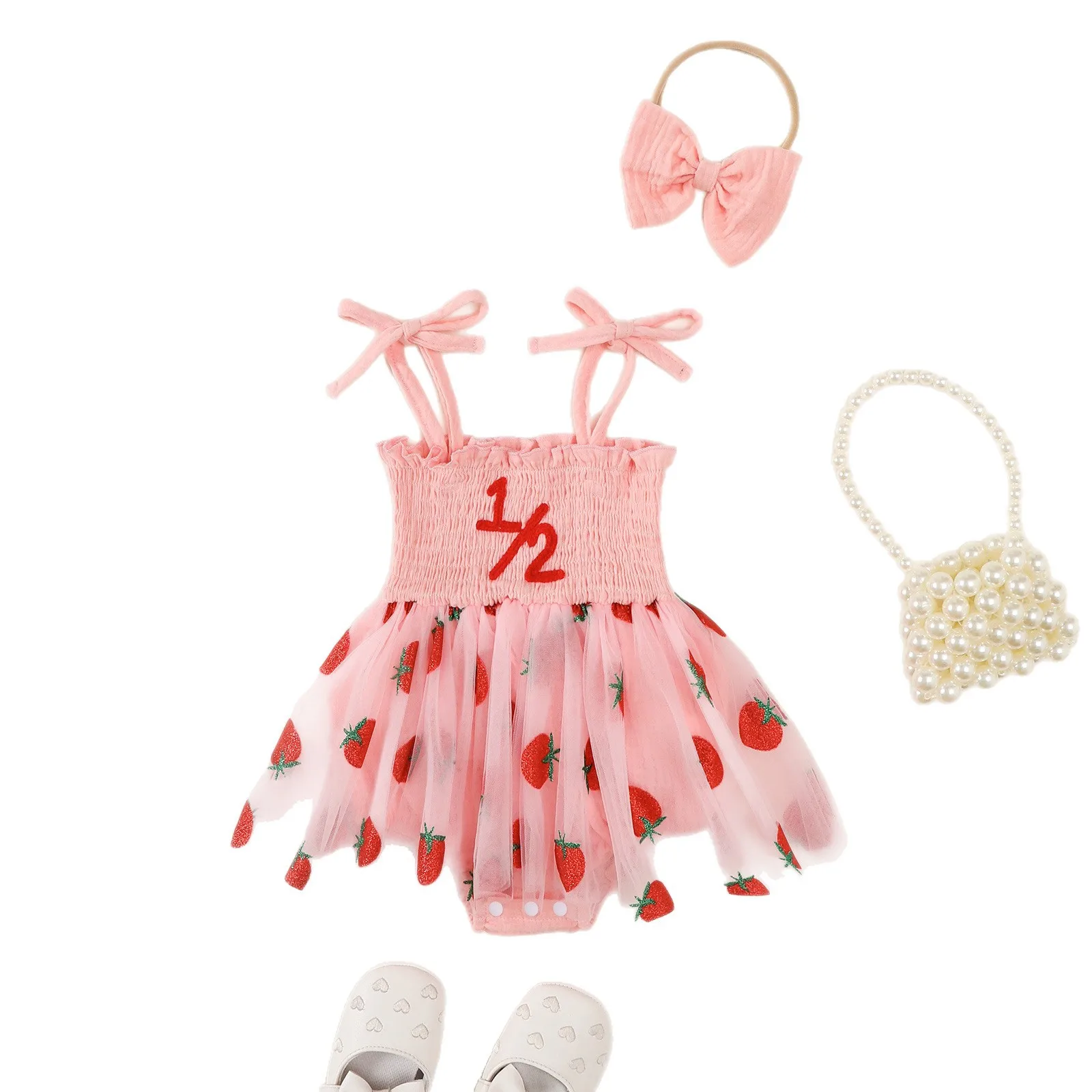 Vestido de tirantes en malla con bordado de fresa para bebé y niña - imagen 3