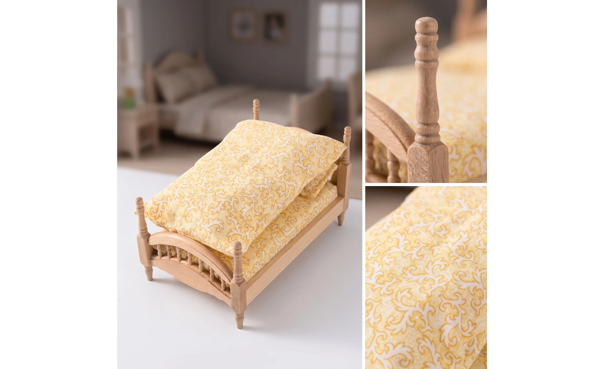 Cama en miniatura con colchón y diseño clásico europeo