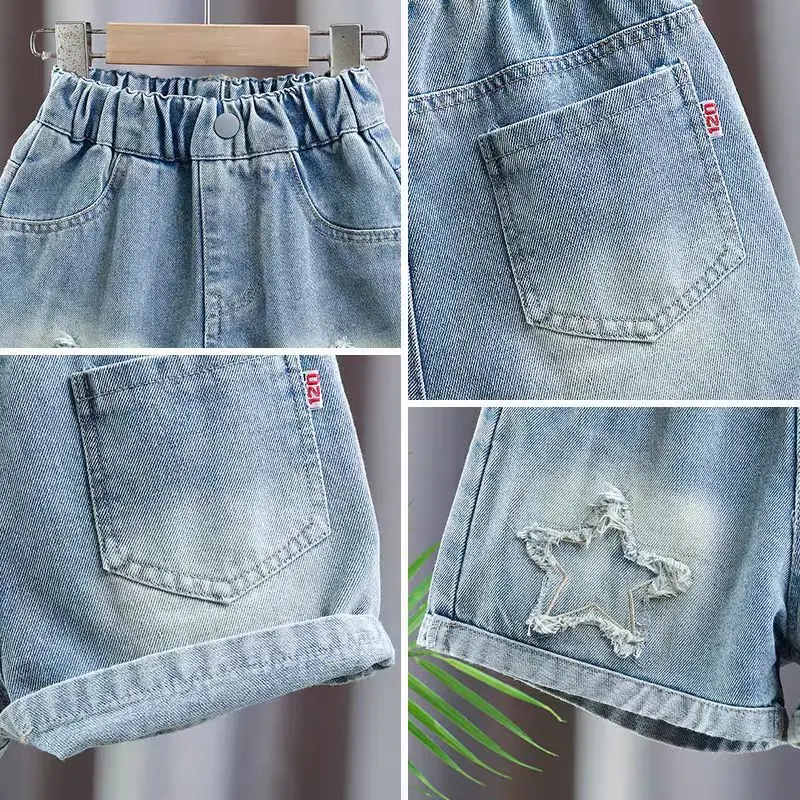 Shorts vaqueros rectos para niña pequeña con bordado de estrella - imagen 3