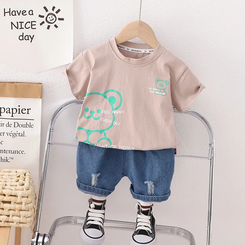 Conjunto de algodón infantil de oso de dibujos animados para verano