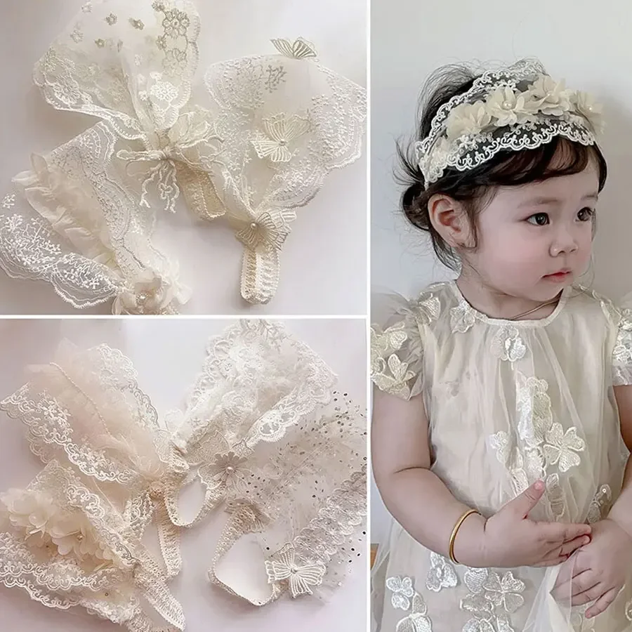Diadema ancha encaje hueco para bebé con lazo flor blanca - imagen 3