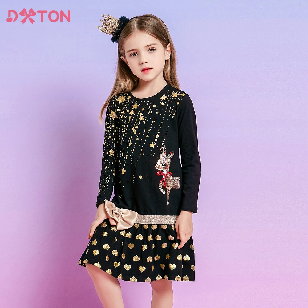 DXTON vestido de lentejuelas para niña con lazo dorado - imagen 4