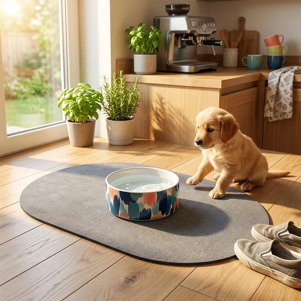 Alfombrilla absorbente para comederos de perros y gatos, gris ovalada - imagen 4
