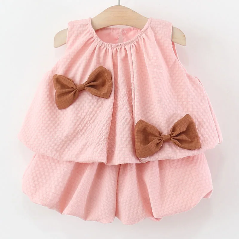 Conjunto de verano para bebé con lazo y top rosa sin mangas - imagen 2