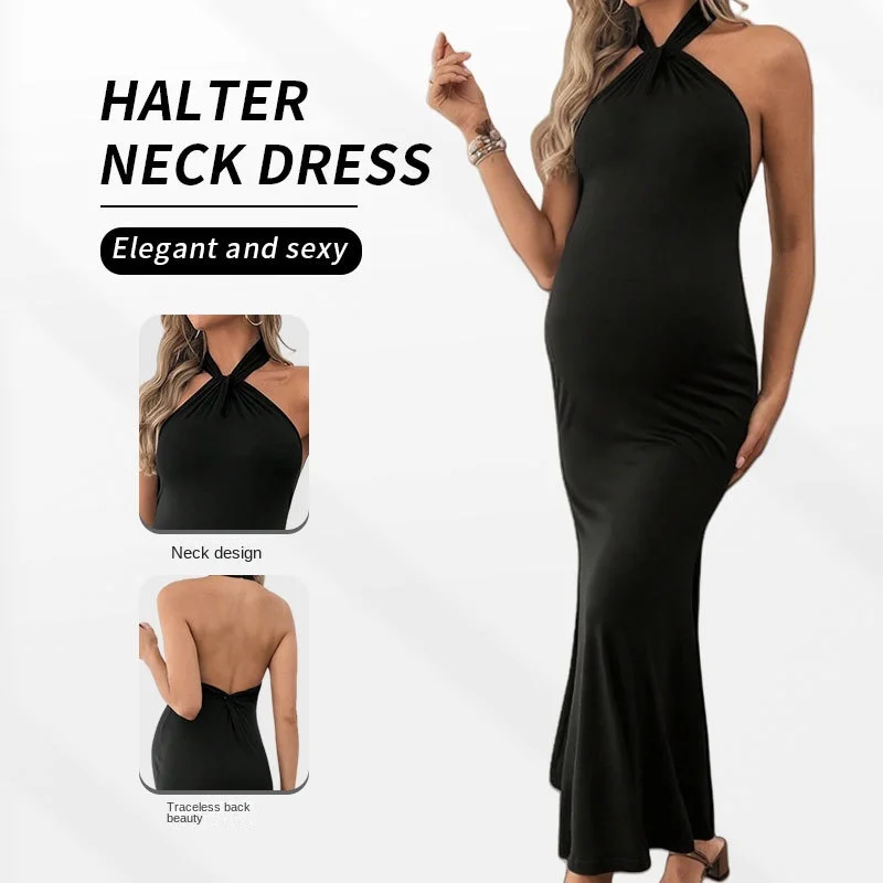 Vestido de premamá negro sin espalda con cuello halter maxi - imagen 3
