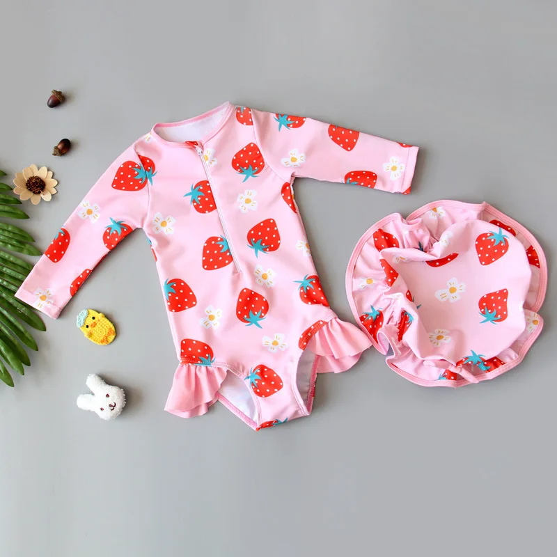 Mono de baño manga larga con cremallera y gorro para niña