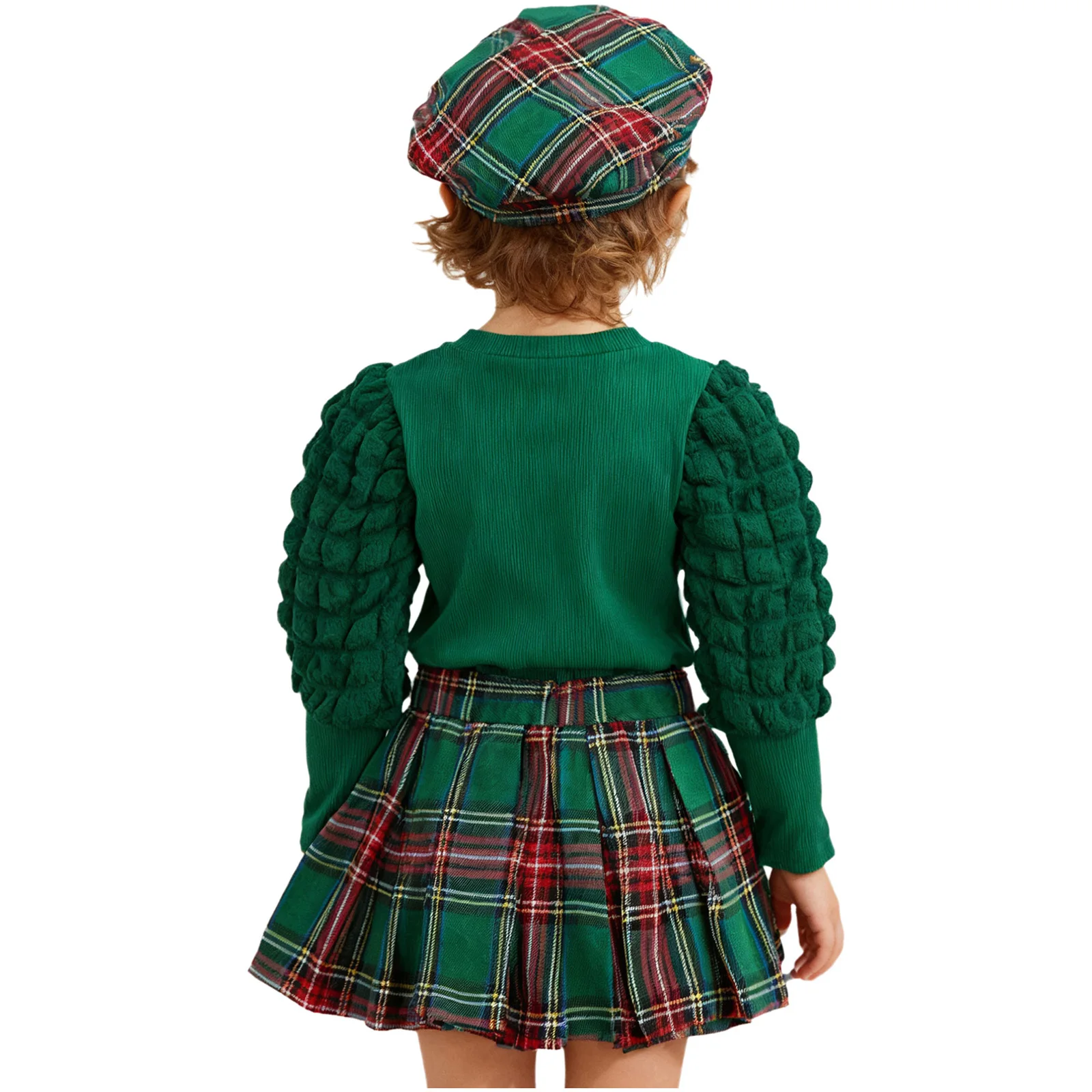 Traje navideño para bebé y niña con sombrero, falda a cuadros - imagen 3