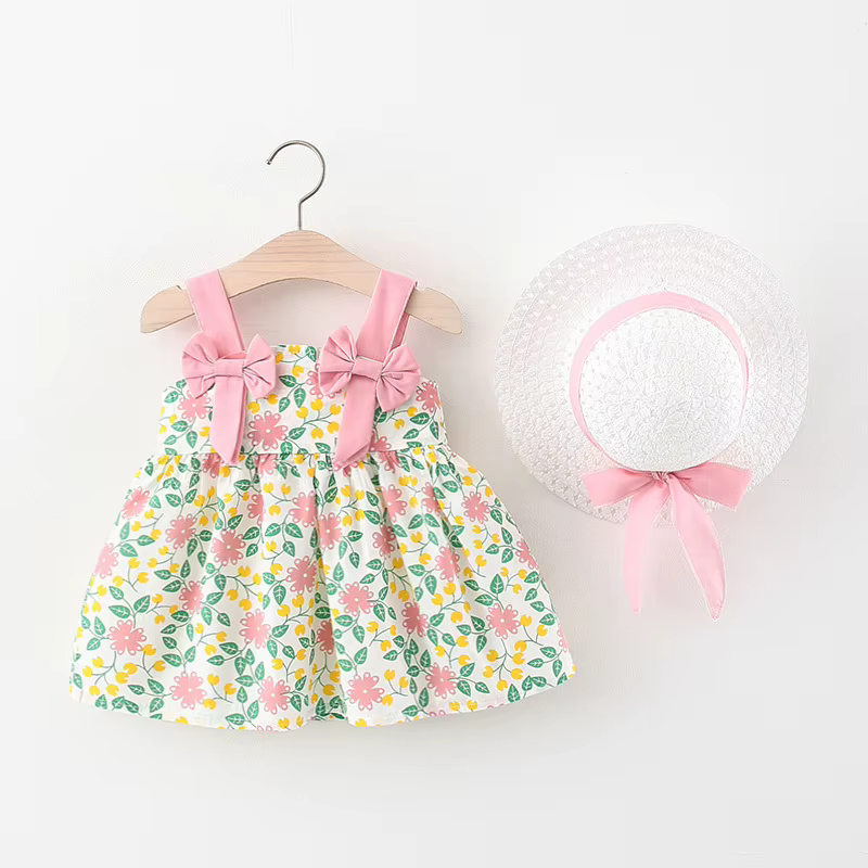 Vestido de princesa infantil con lazo y sombrero para niña verano - imagen 3
