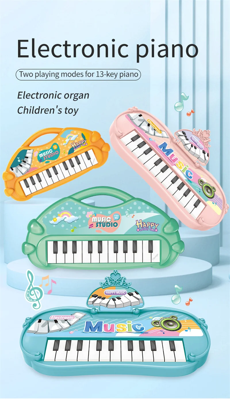 Piano de juguete azul con teclas musicales
