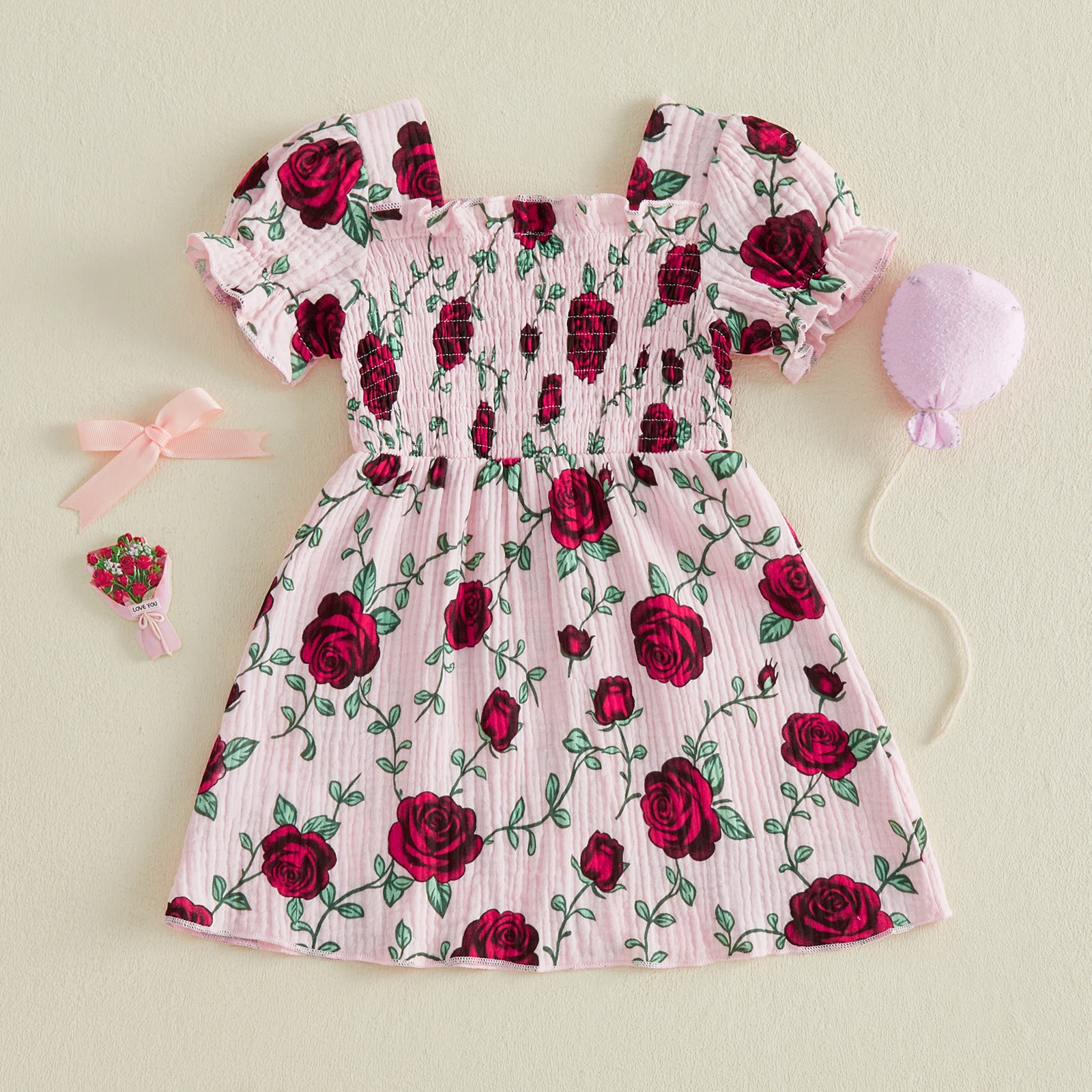 Tregren vestido de niña corte A flores plisado con cuello cuadrado - imagen 4