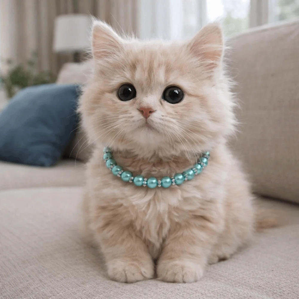 Collar de perlas ajustable para gatos con lazo elegante