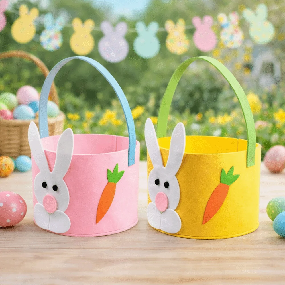 Cesta de fieltro para Pascua con asa y dibujos de conejo - imagen 3