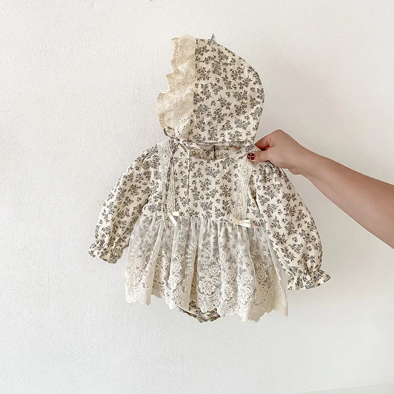 MILANCEL Vestido de encaje para niña – Mameluco floral con sombrero