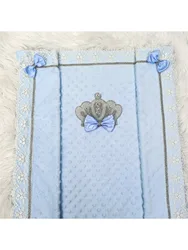 Envoltura bebé niño azul claro con corona, encaje y lazos para bautizo