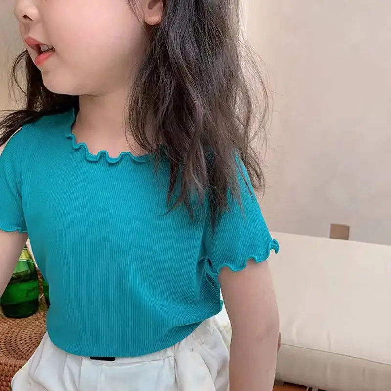 Camiseta de niña seda helada manga corta estilo coreano borde ondulado - imagen 2